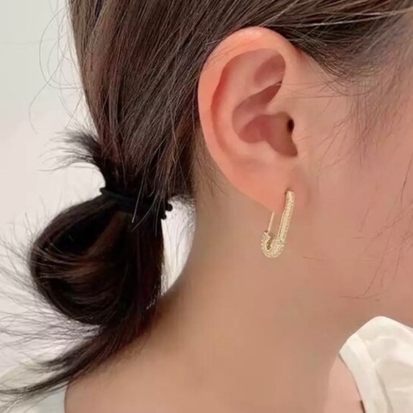 Safety Pin Earrings Gold Plated Zircon Crystal Cute Jewelry For Women Girls Gift - Picture 3 of 4